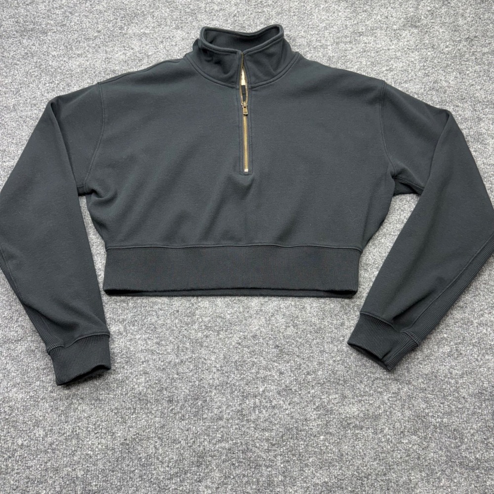 The Normal Brand Womens Cropped Quarter‎ Zip Sweatshirt Charcoal Black Large